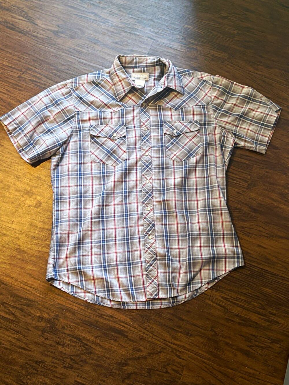 Wrangler Wrancher Men's L/G Plaid Short Sleeve Cotton Blend Button-Up Pockets